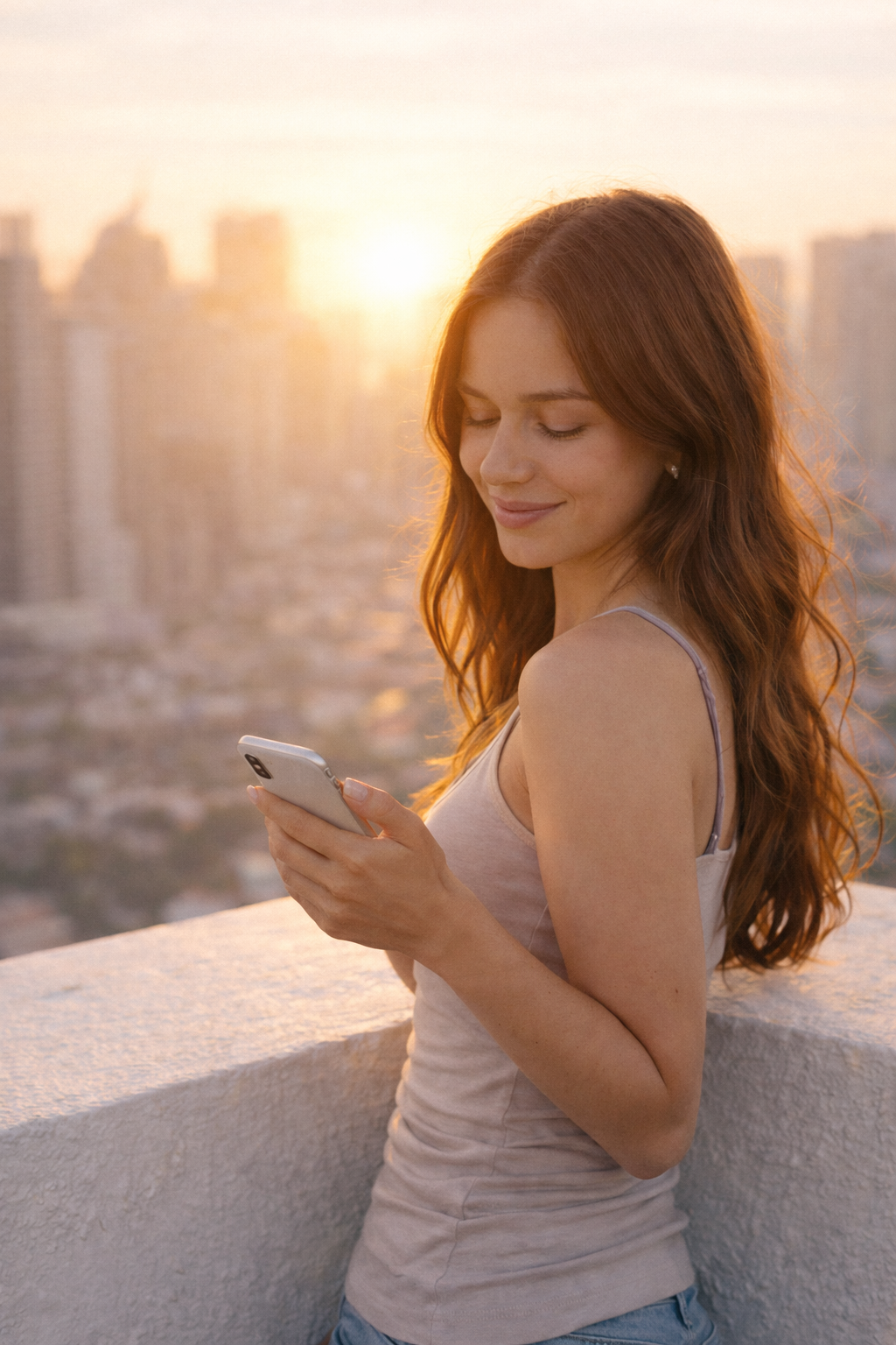 Woman alone on a rooftop at sunset, looking at her phone
